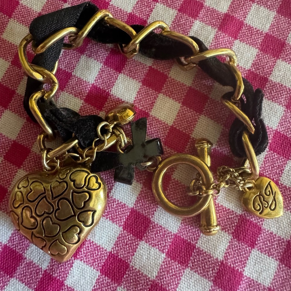 Betsey Johnson Y2K Lucite Zebra Bow Hearts Charm Chain Link Bracelet